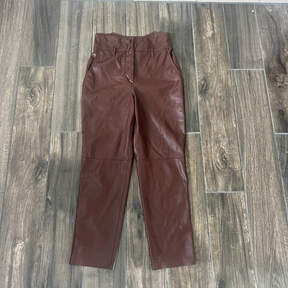 Nanushka Ethan Ultra High Rise Faux Leather Pant Trousers Brown XS (104)